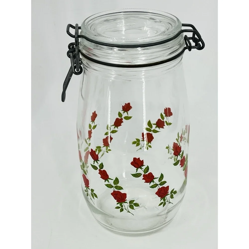 Vintage Arc Red Roses Flowers 1.5 Liter Glass Cannister Jar France Latched Lid